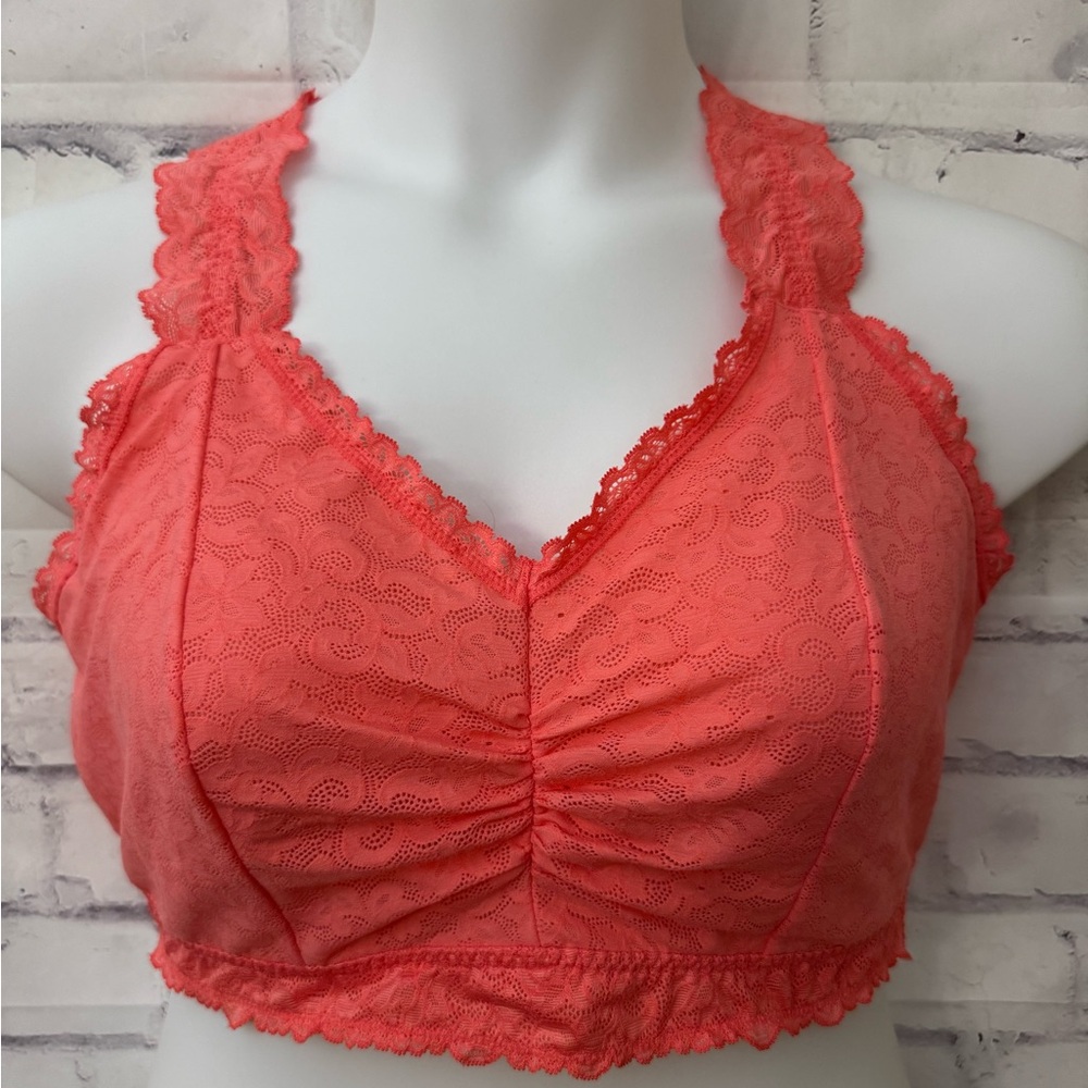 Cacique Bralette Bra Size 22/24‎ Orange Peach Lace Unlined Wire Free Bow Comfort